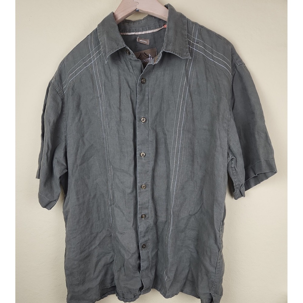 Bruno New York Mens Linen Button Up Shirt‎ Short Sleeve Gray Casual